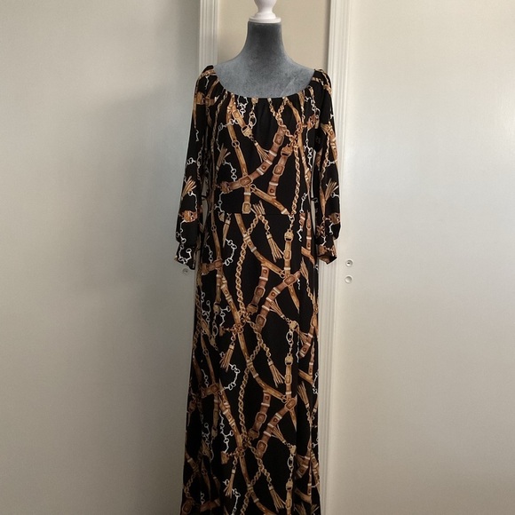 💛 Black Chain Link Print Maxi Dress - Picture 1 of 5